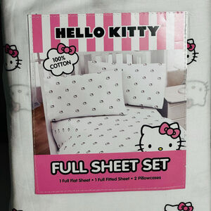 Hello Kitty Full Size Cotton Sheet Set Faces with pink bow White Pink Bedding